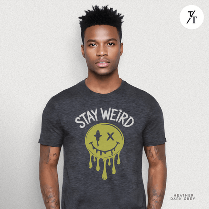 "Stay Weird" Drippy Face Tee, Melting Optimism: Distorted Smiley Face Graphic  Alt Vibe StatementT-shirt