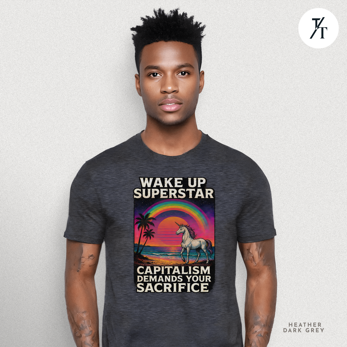 Capitalist Dreamscape: Retro Unicorn Beach, Satirical 80s Graphic Design- Graphic T-shirt