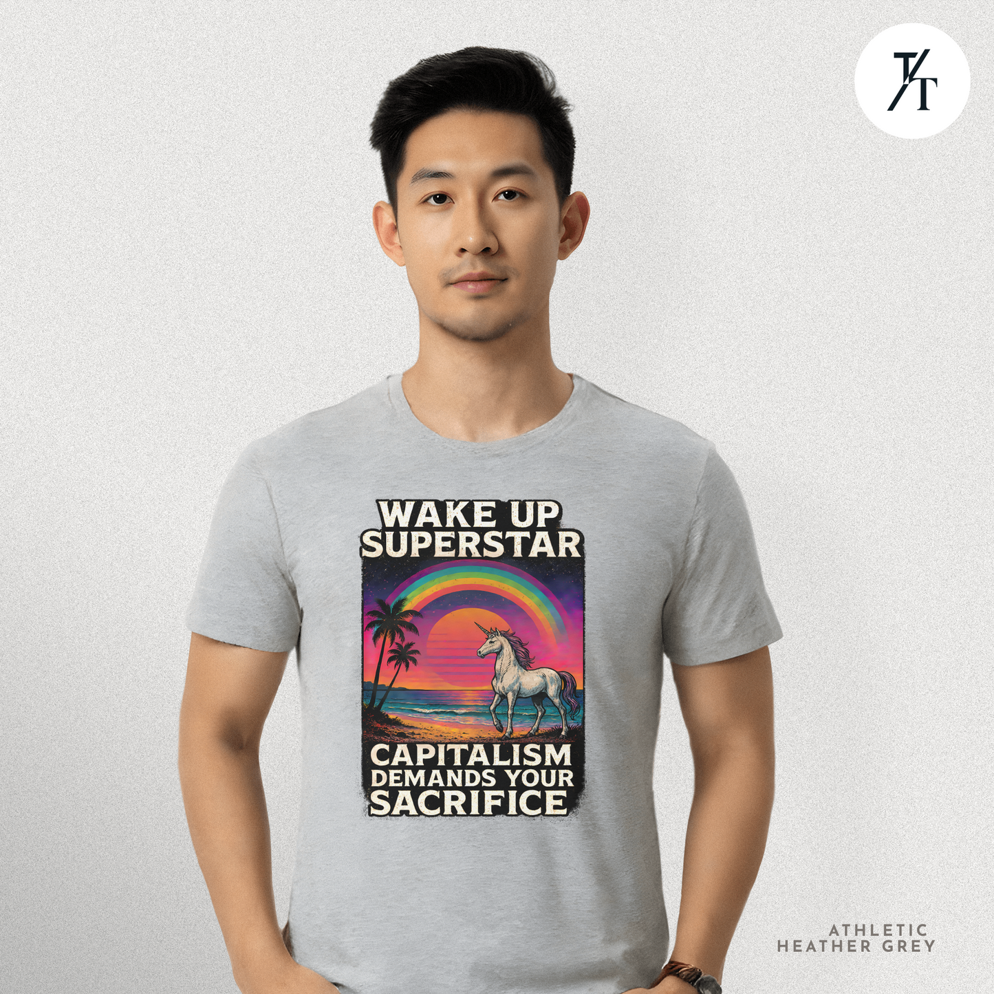Capitalist Dreamscape: Retro Unicorn Beach, Satirical 80s Graphic Design- Graphic T-shirt
