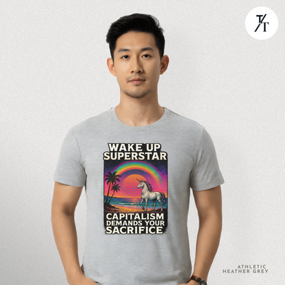 Capitalist Dreamscape: Retro Unicorn Beach, Satirical 80s Graphic Design- Graphic T-shirt