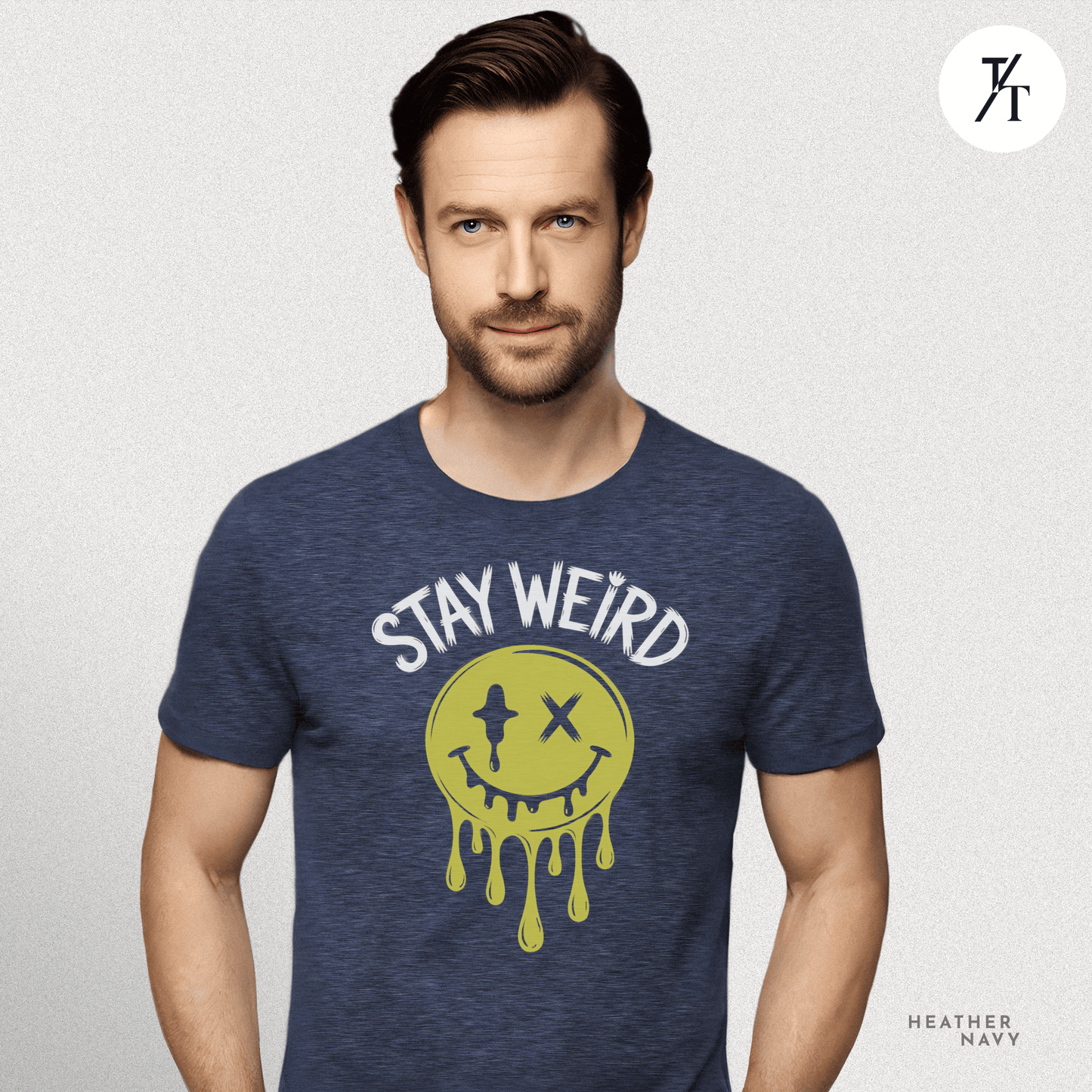 "Stay Weird" Drippy Face Tee, Melting Optimism: Distorted Smiley Face Graphic  Alt Vibe StatementT-shirt