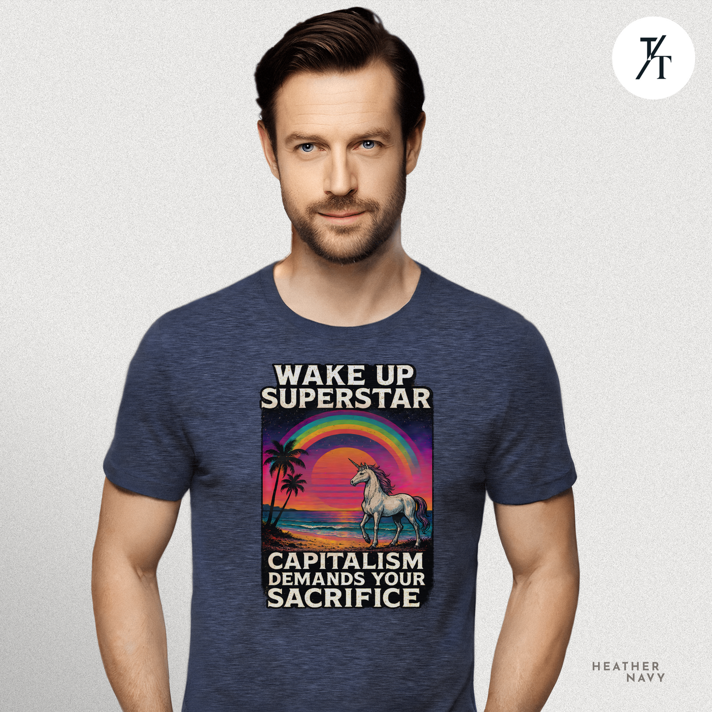 Capitalist Dreamscape: Retro Unicorn Beach, Satirical 80s Graphic Design- Graphic T-shirt