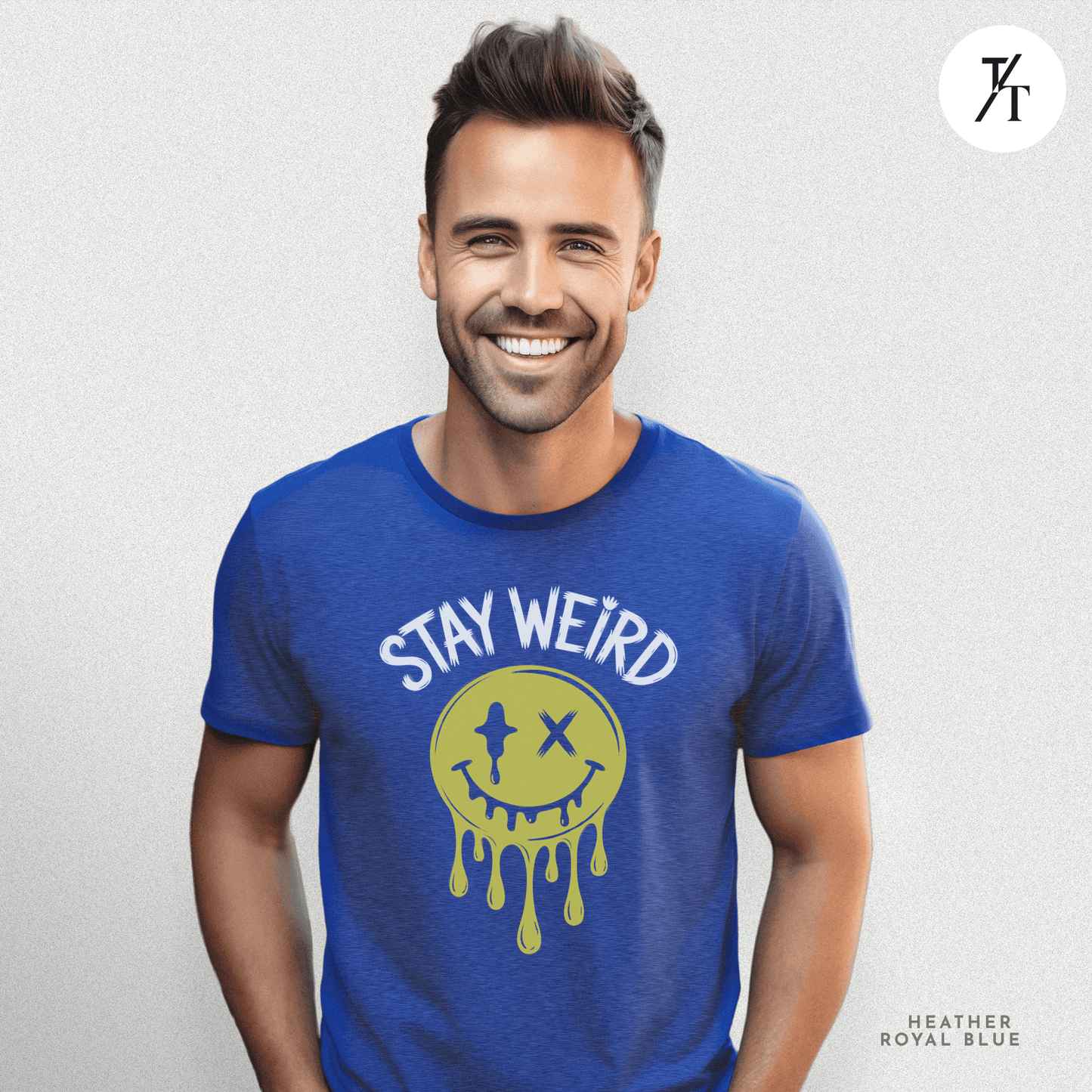 "Stay Weird" Drippy Face Tee, Melting Optimism: Distorted Smiley Face Graphic  Alt Vibe StatementT-shirt