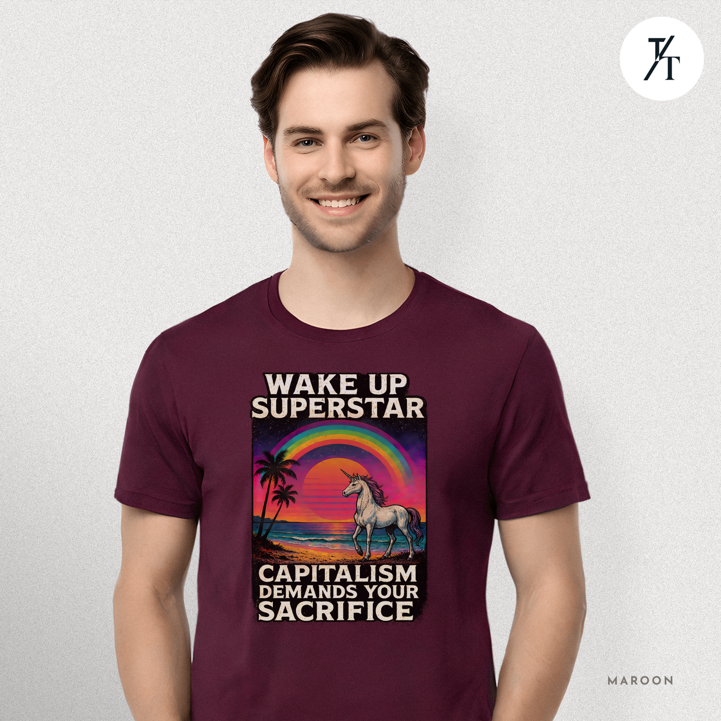 Capitalist Dreamscape: Retro Unicorn Beach, Satirical 80s Graphic Design- Graphic T-shirt