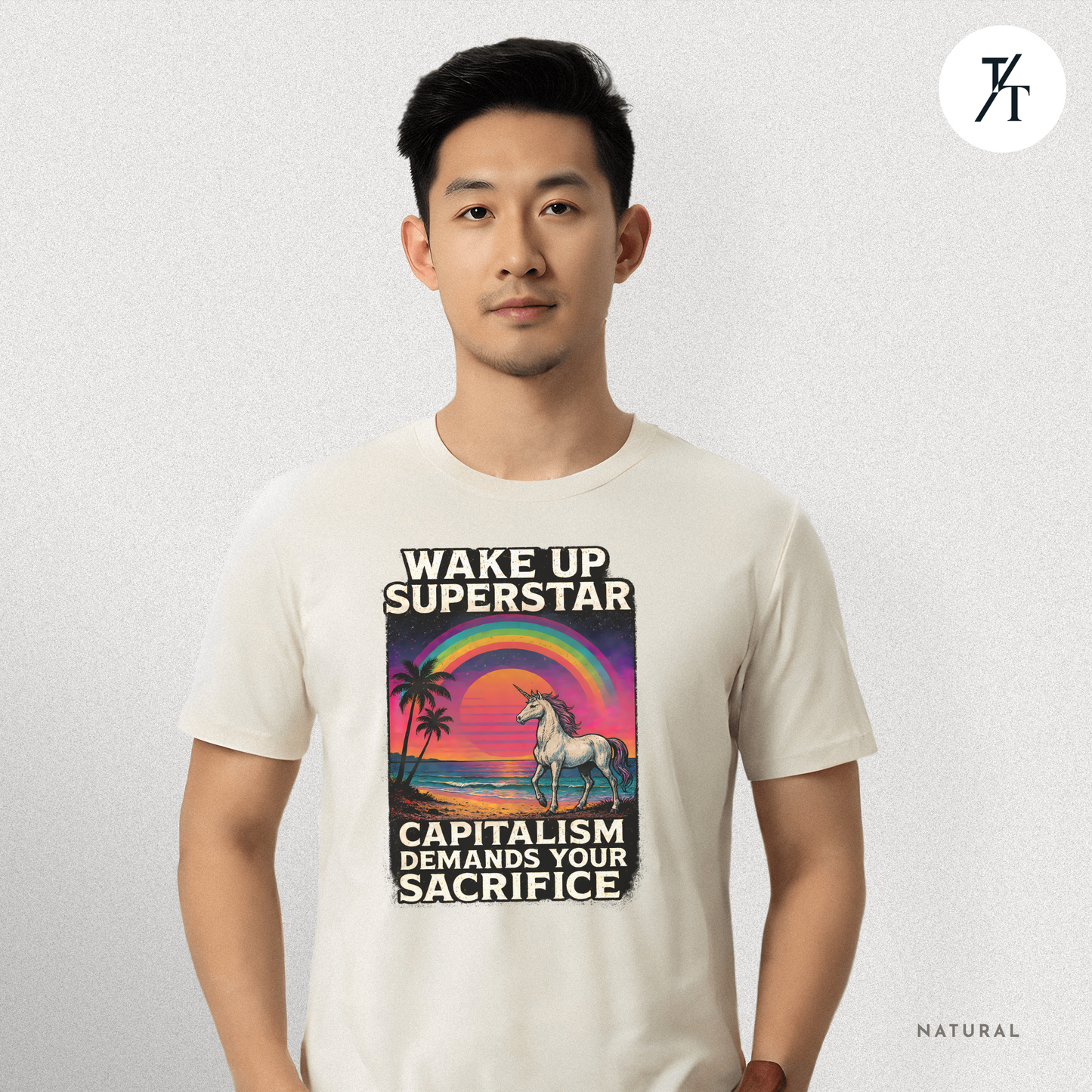 Capitalist Dreamscape: Retro Unicorn Beach, Satirical 80s Graphic Design- Graphic T-shirt