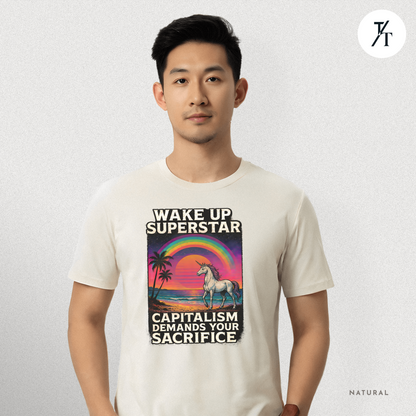 Capitalist Dreamscape: Retro Unicorn Beach, Satirical 80s Graphic Design- Graphic T-shirt