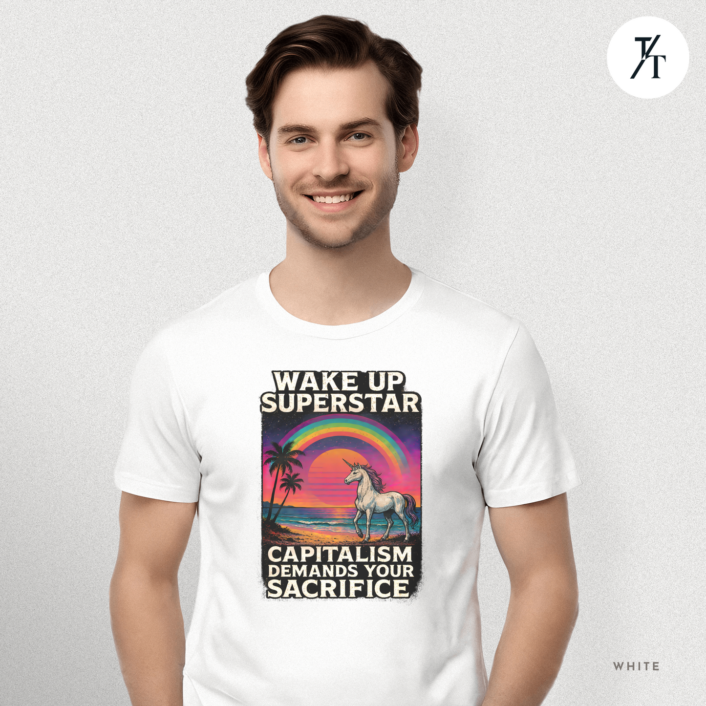 Capitalist Dreamscape: Retro Unicorn Beach, Satirical 80s Graphic Design- Graphic T-shirt