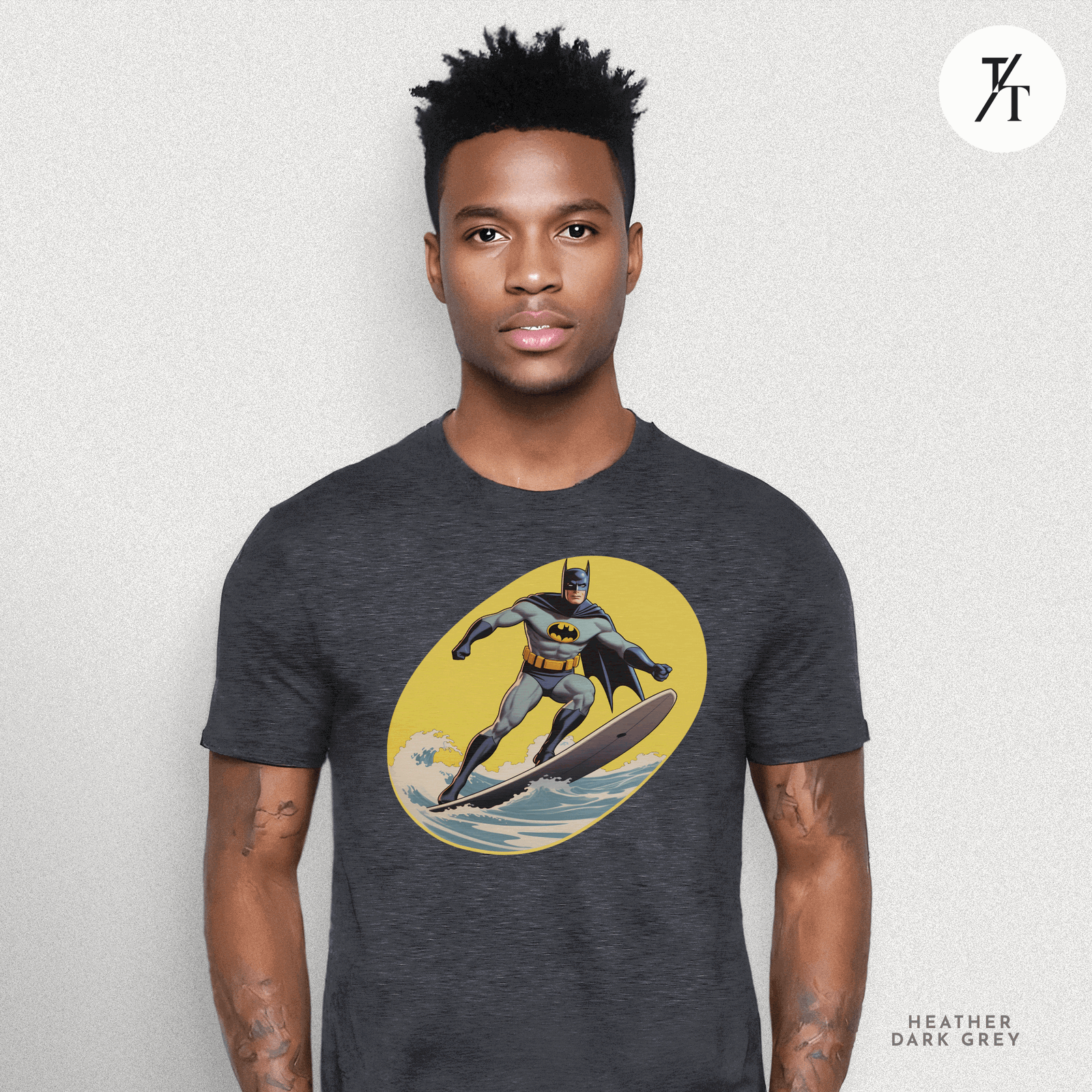Surfing Superhero Retro Funny Bat Parody Graphic Tee - Trendy/Timeless Studio