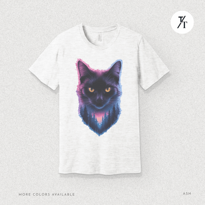 Cosmic Cat Tee – Galactic Forest Nightfall Shirt with Feline Vibes