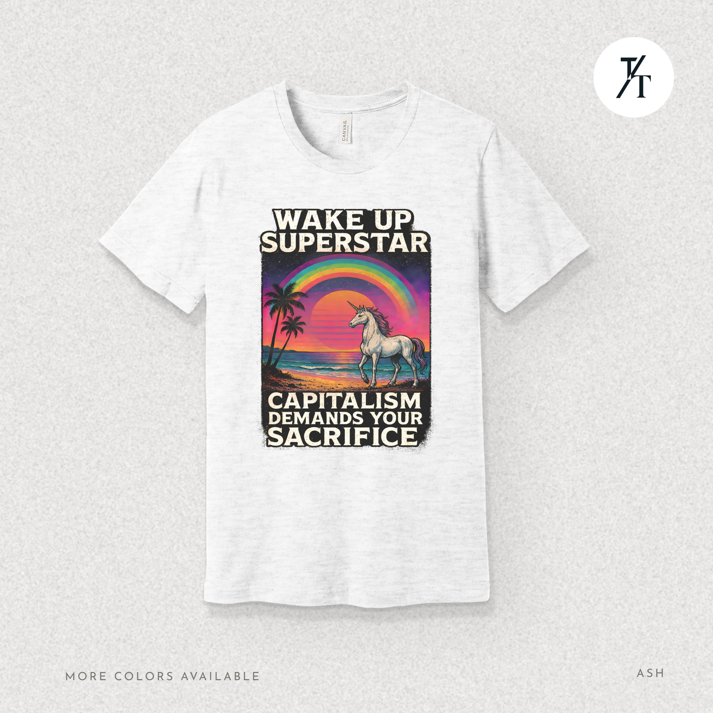Capitalist Dreamscape: Retro Unicorn Beach, Satirical 80s Graphic Design- Graphic T-shirt