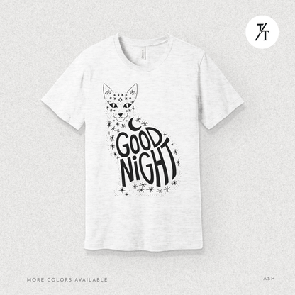 Goodnight Cat Tee – Minimalist Black Cat Moon Silhouette Shirt