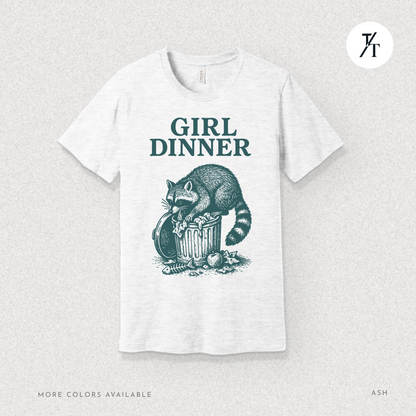 Girl Dinner: Raccoon Scavenging Trash, Vintage Woodcut Style Illustration, Teal and Black Contrast Artwork- Graphic T-shirt