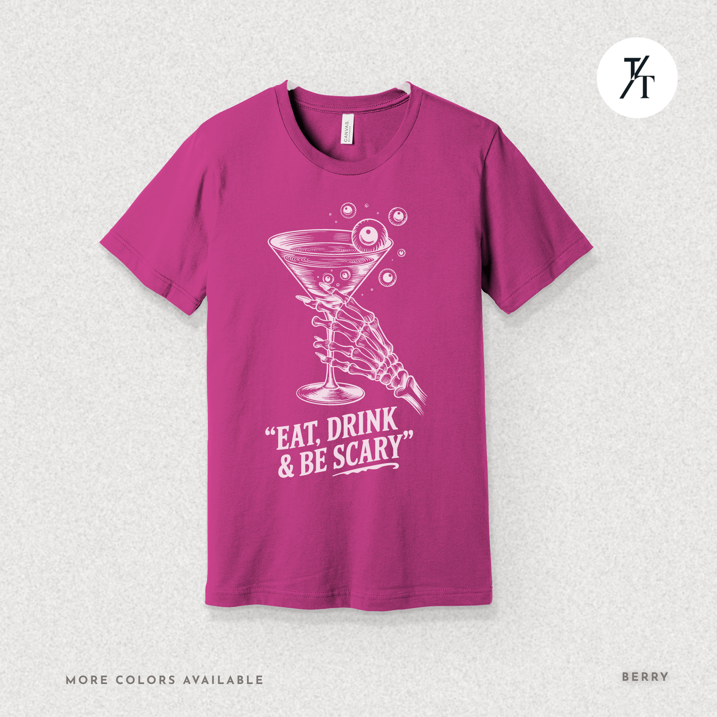 Eat, Drink & Be Scary Tee – Funny Skeleton Halloween Cocktail Shirt