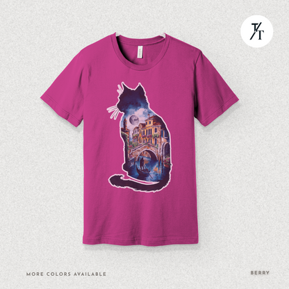 Moonlit Venice Cat Tee – Artistic Nightscape Silhouette Shirt