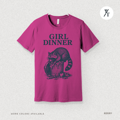 Girl Dinner: Raccoon Scavenging Trash, Vintage Woodcut Style Illustration, Teal and Black Contrast Artwork- Graphic T-shirt
