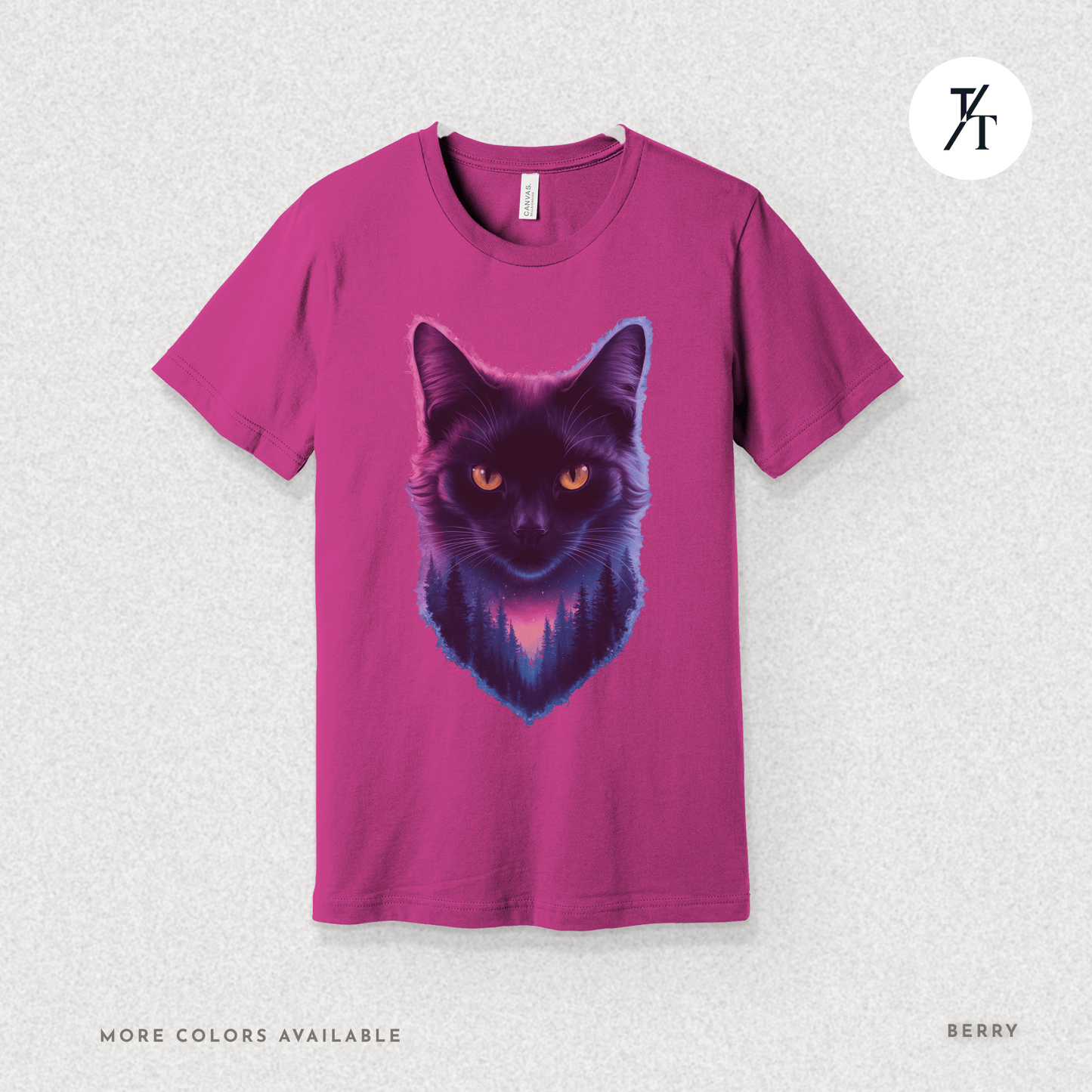 Cosmic Cat Tee – Galactic Forest Nightfall Shirt with Feline Vibes