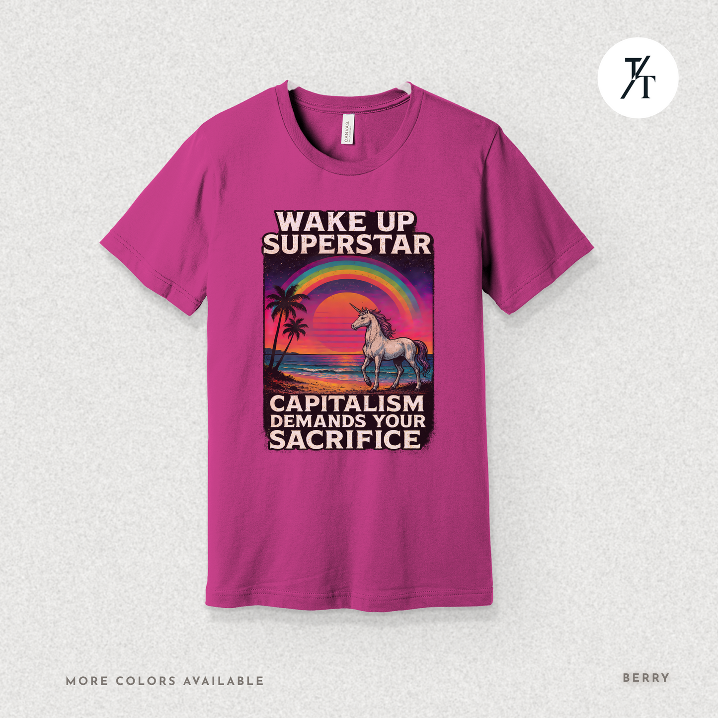 Capitalist Dreamscape: Retro Unicorn Beach, Satirical 80s Graphic Design- Graphic T-shirt