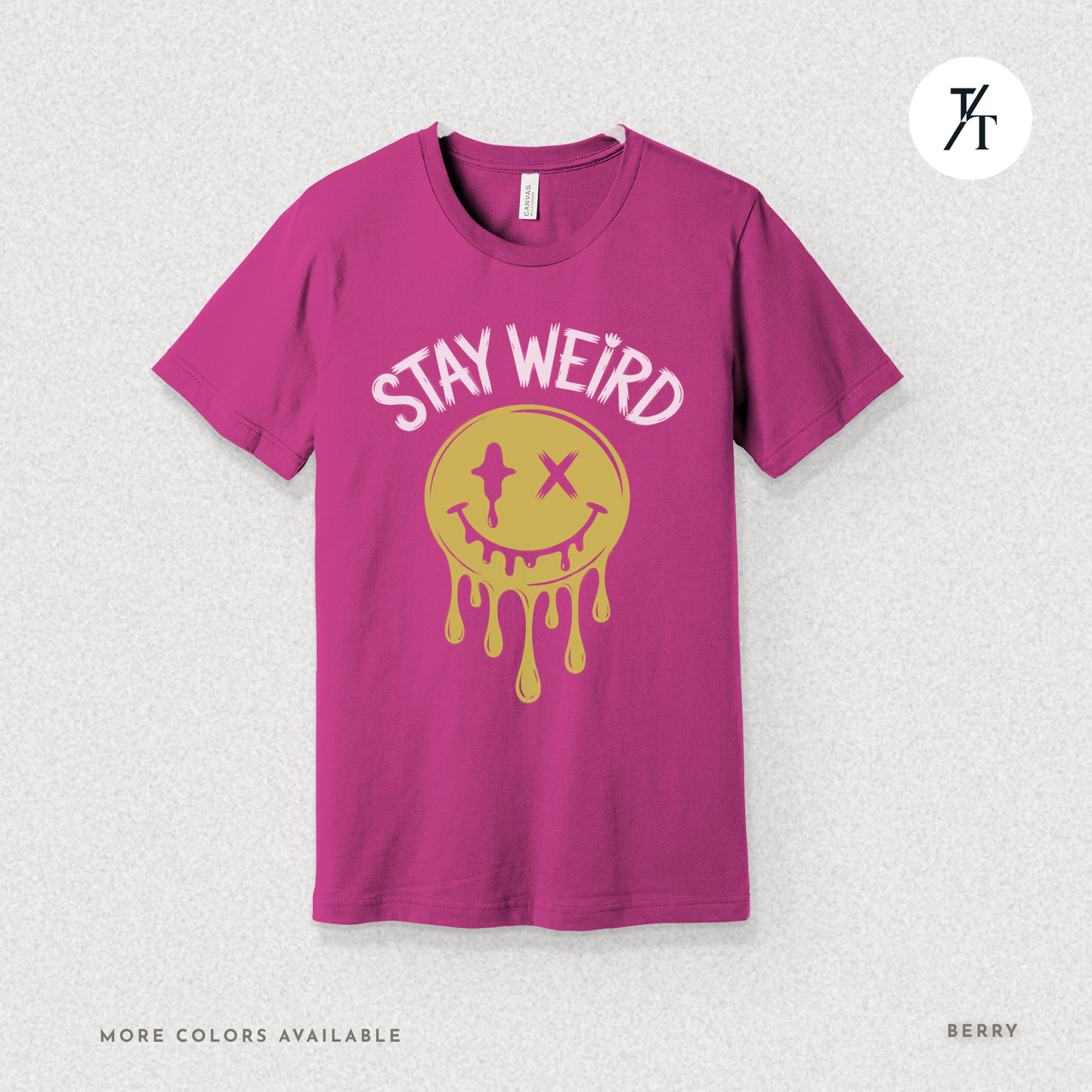 "Stay Weird" Drippy Face Tee, Melting Optimism: Distorted Smiley Face Graphic  Alt Vibe StatementT-shirt