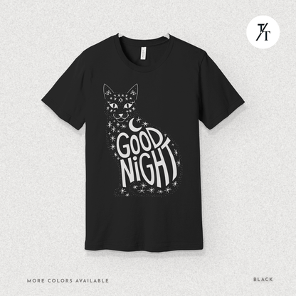 Goodnight Cat Tee – Minimalist Black Cat Moon Silhouette Shirt
