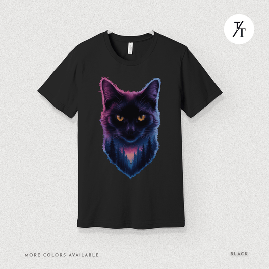 Cosmic Cat Tee – Galactic Forest Nightfall Shirt with Feline Vibes