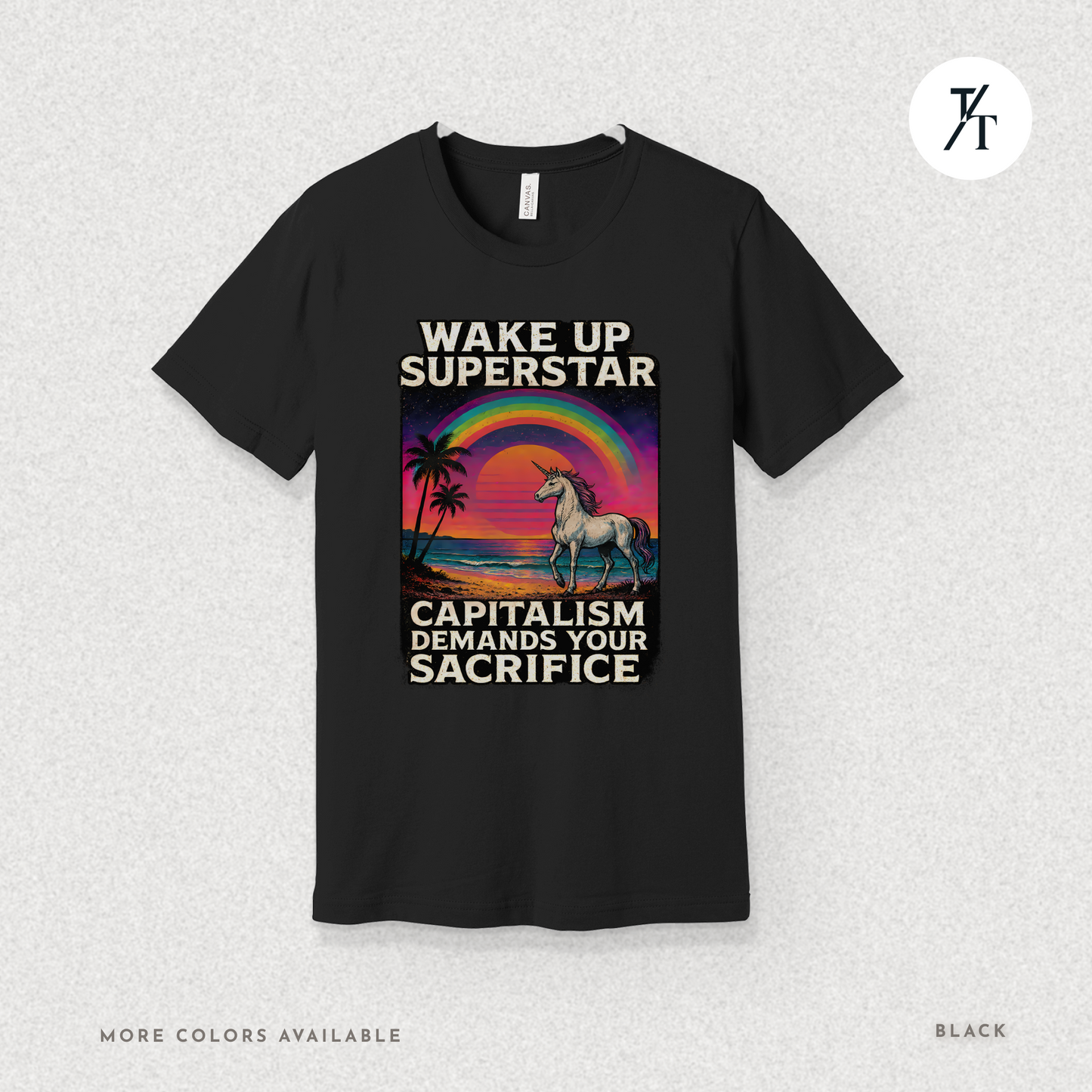 Capitalist Dreamscape: Retro Unicorn Beach, Satirical 80s Graphic Design- Graphic T-shirt