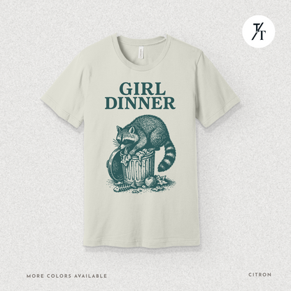 Girl Dinner: Raccoon Scavenging Trash, Vintage Woodcut Style Illustration, Teal and Black Contrast Artwork- Graphic T-shirt