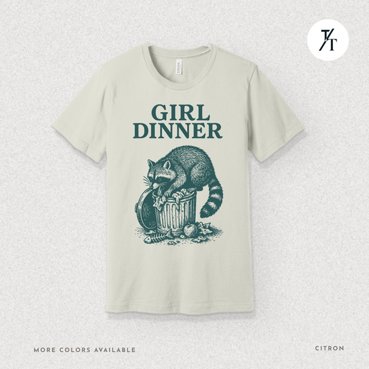 Girl Dinner: Raccoon Scavenging Trash, Vintage Woodcut Style Illustration, Teal and Black Contrast Artwork- Graphic T-shirt