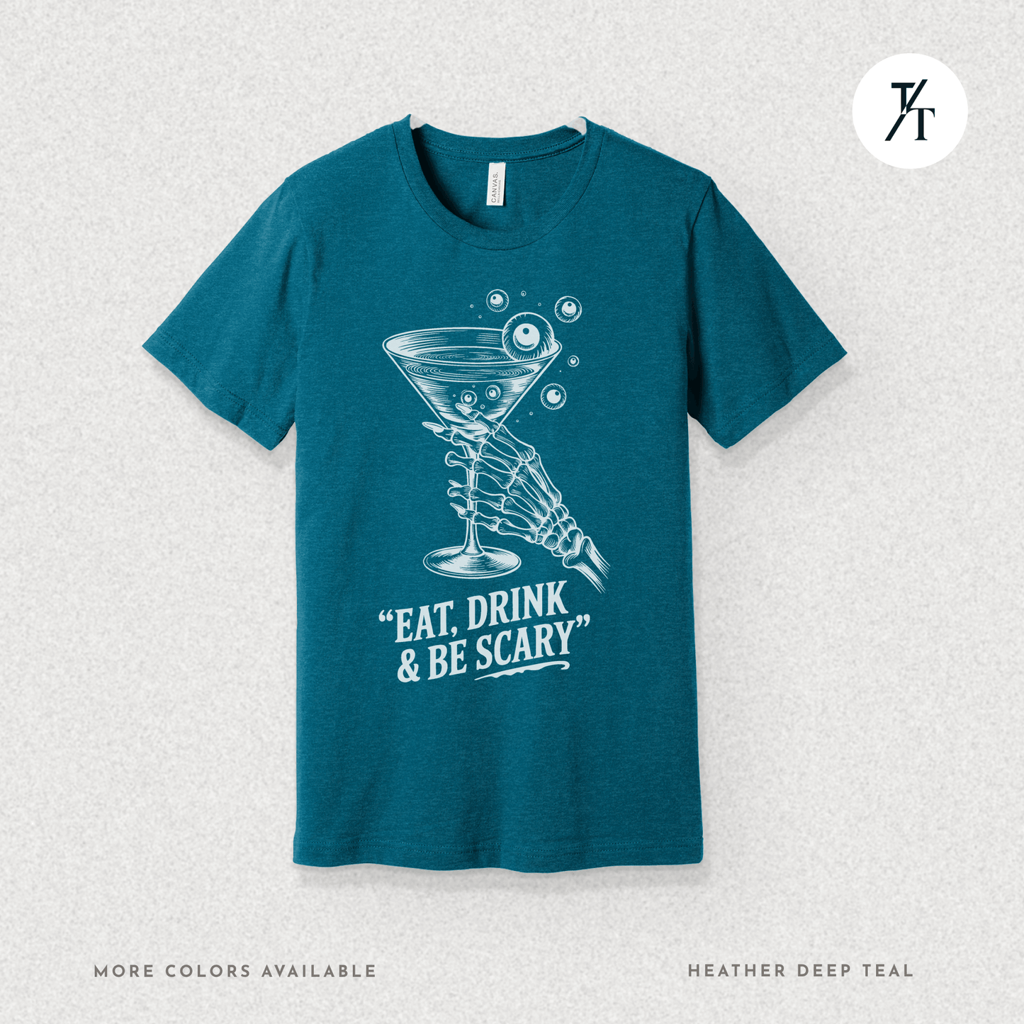 Eat, Drink & Be Scary Tee – Funny Skeleton Halloween Cocktail Shirt
