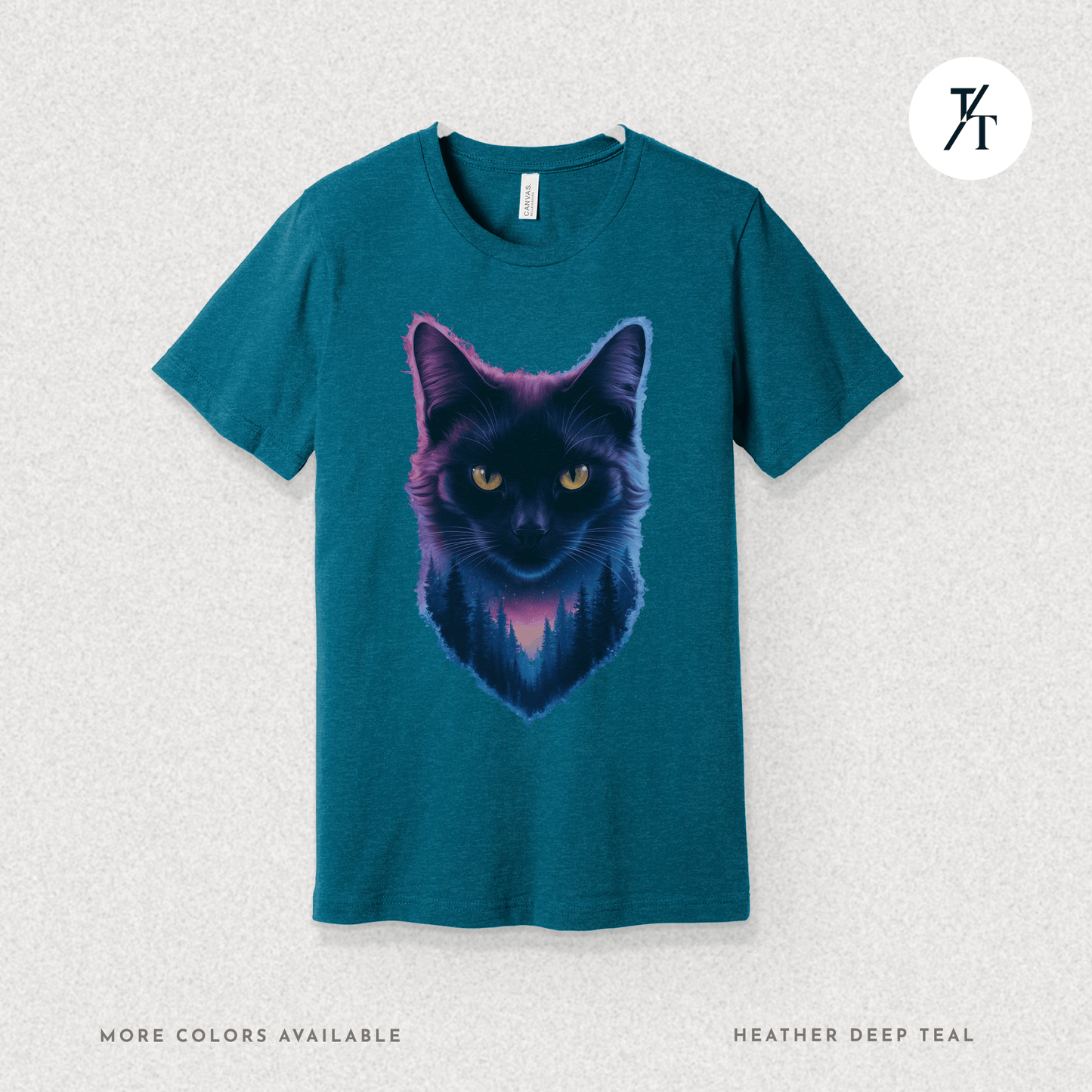 Cosmic Cat Tee – Galactic Forest Nightfall Shirt with Feline Vibes