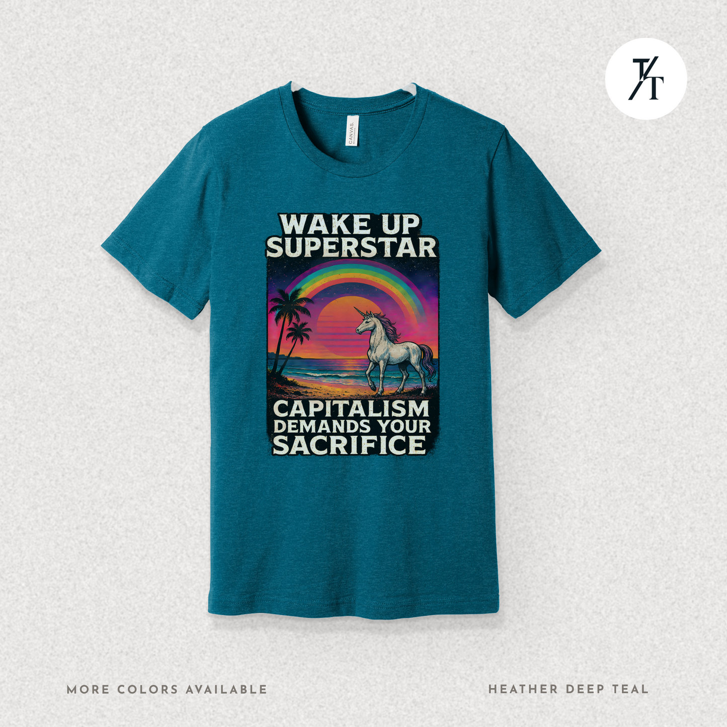 Capitalist Dreamscape: Retro Unicorn Beach, Satirical 80s Graphic Design- Graphic T-shirt