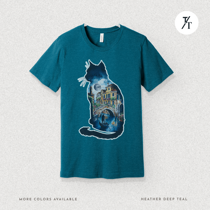 Moonlit Venice Cat Tee – Artistic Nightscape Silhouette Shirt