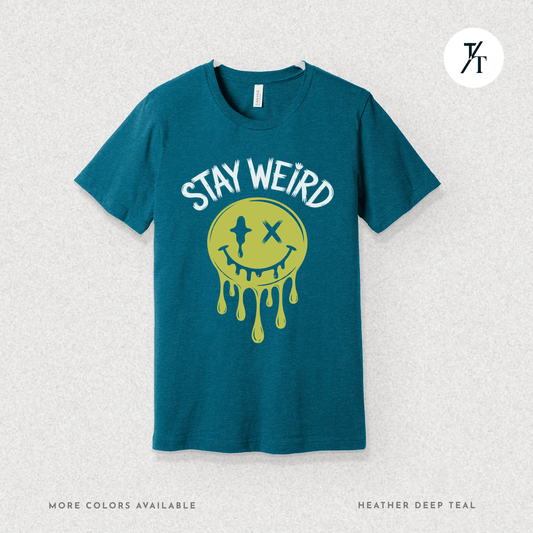 "Stay Weird" Drippy Face Tee, Melting Optimism: Distorted Smiley Face Graphic  Alt Vibe StatementT-shirt
