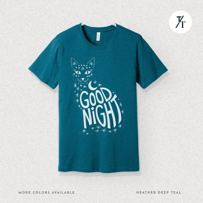 Goodnight Cat Tee – Minimalist Black Cat Moon Silhouette Shirt