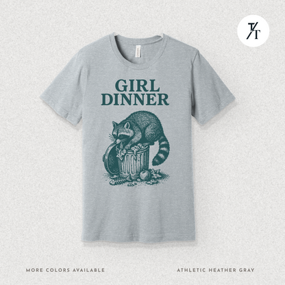 Girl Dinner: Raccoon Scavenging Trash, Vintage Woodcut Style Illustration, Teal and Black Contrast Artwork- Graphic T-shirt