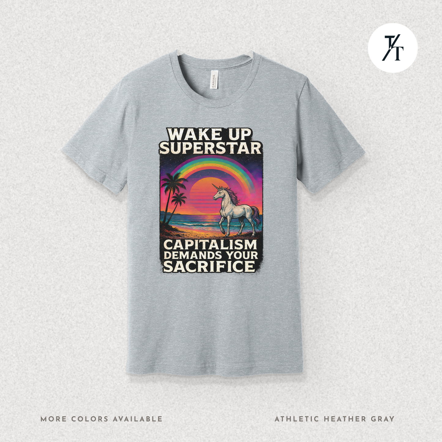 Capitalist Dreamscape: Retro Unicorn Beach, Satirical 80s Graphic Design- Graphic T-shirt