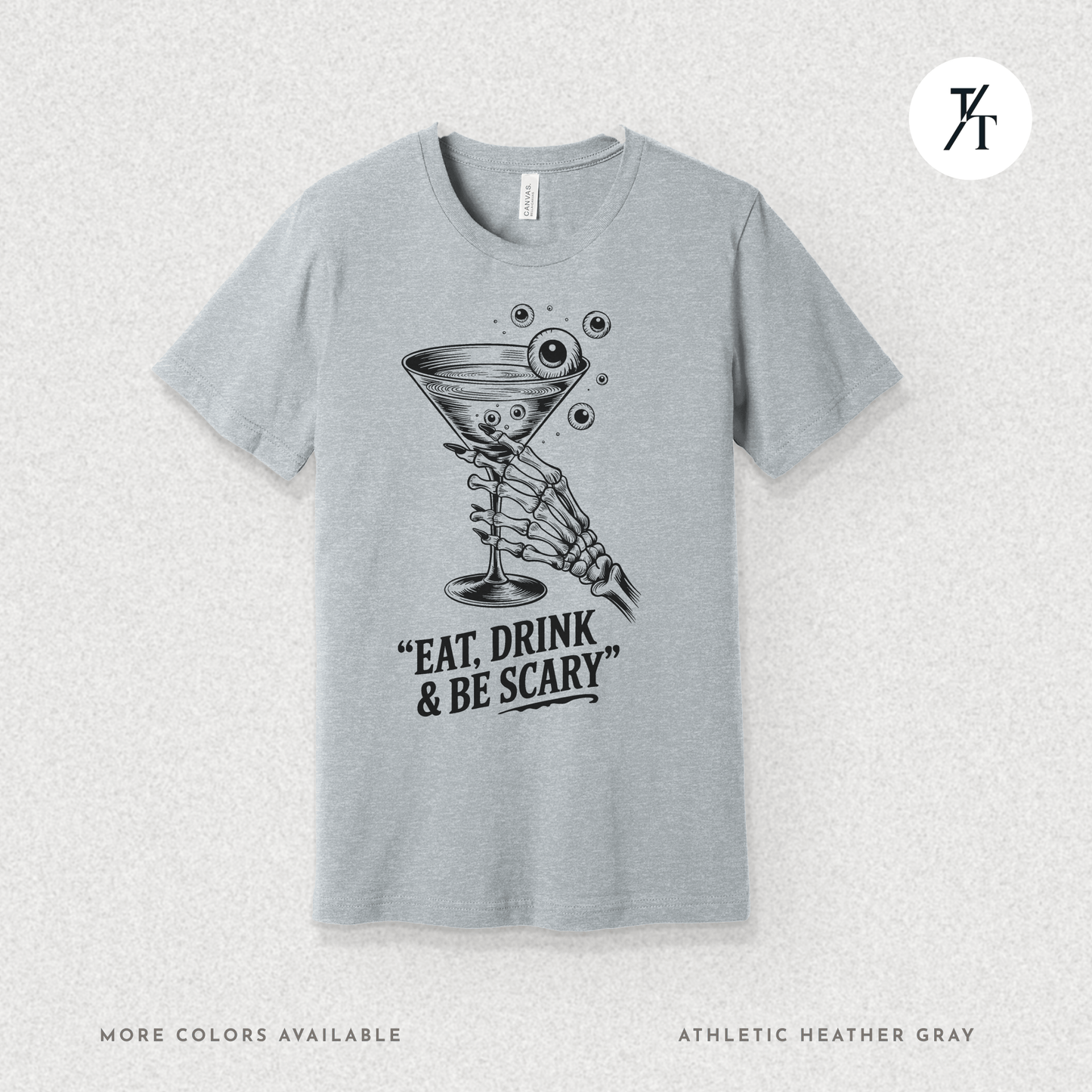 Eat, Drink & Be Scary Tee – Funny Skeleton Halloween Cocktail Shirt