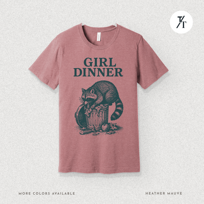 Girl Dinner: Raccoon Scavenging Trash, Vintage Woodcut Style Illustration, Teal and Black Contrast Artwork- Graphic T-shirt