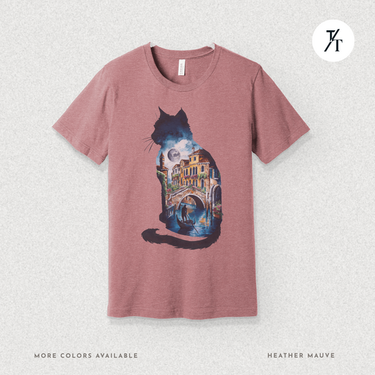 Moonlit Venice Cat Tee – Artistic Nightscape Silhouette Shirt