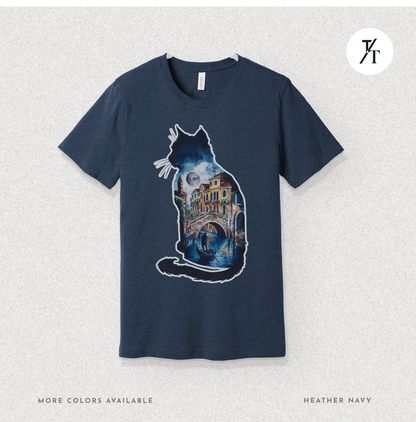Moonlit Venice Cat Tee – Artistic Nightscape Silhouette Shirt