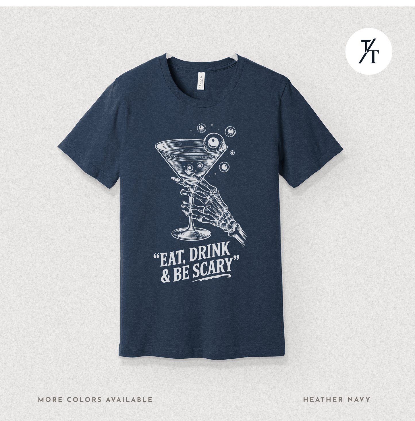Eat, Drink & Be Scary Tee – Funny Skeleton Halloween Cocktail Shirt