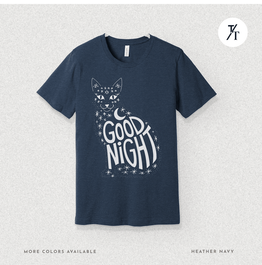 Goodnight Cat Tee – Minimalist Black Cat Moon Silhouette Shirt