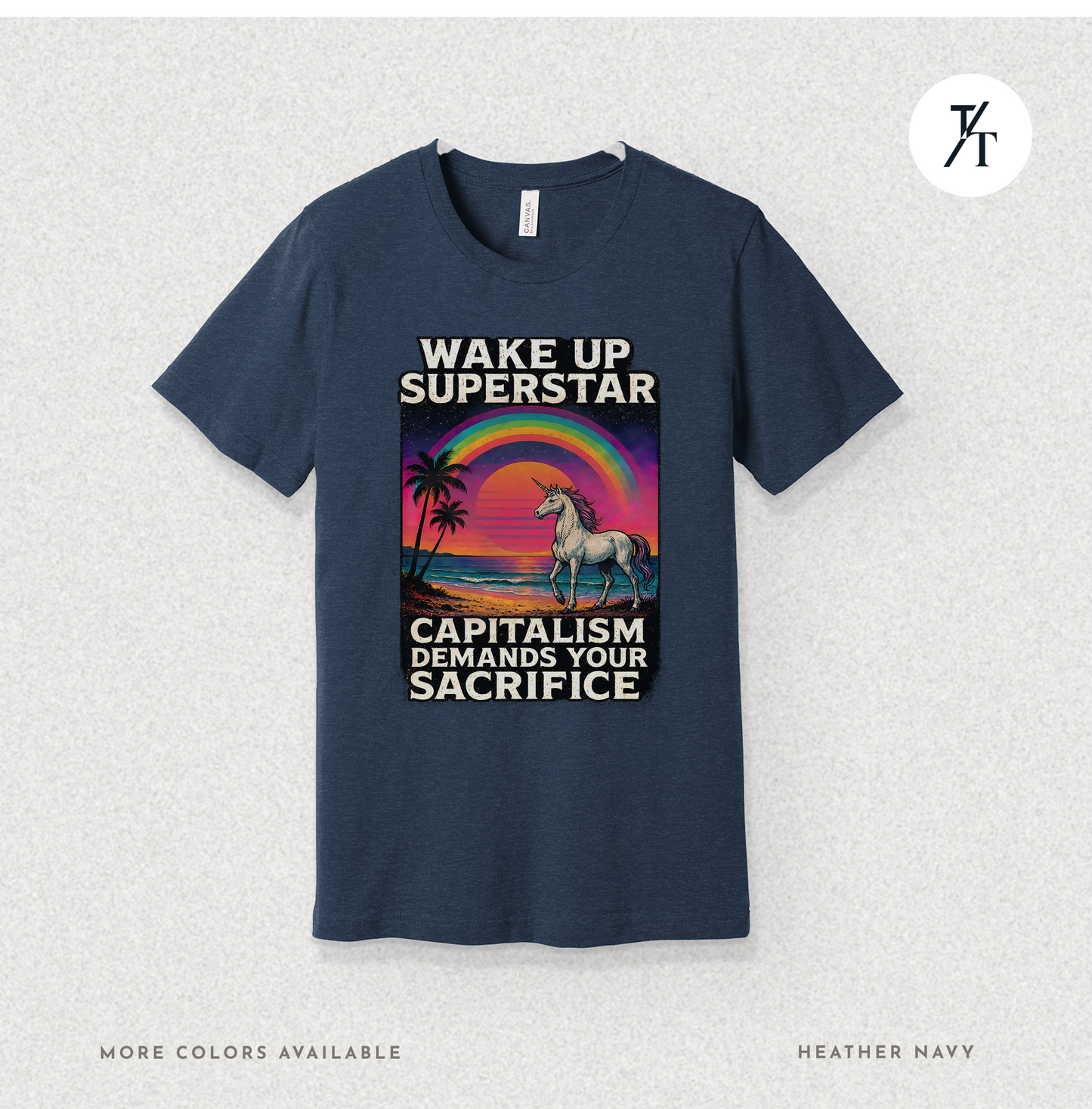 Capitalist Dreamscape: Retro Unicorn Beach, Satirical 80s Graphic Design- Graphic T-shirt