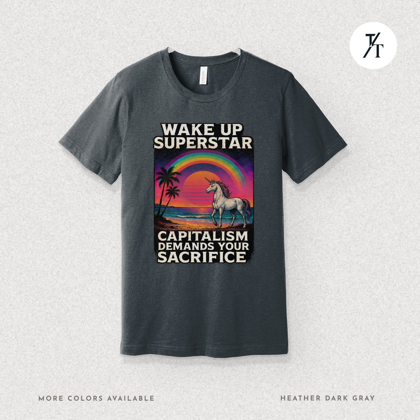 Capitalist Dreamscape: Retro Unicorn Beach, Satirical 80s Graphic Design- Graphic T-shirt