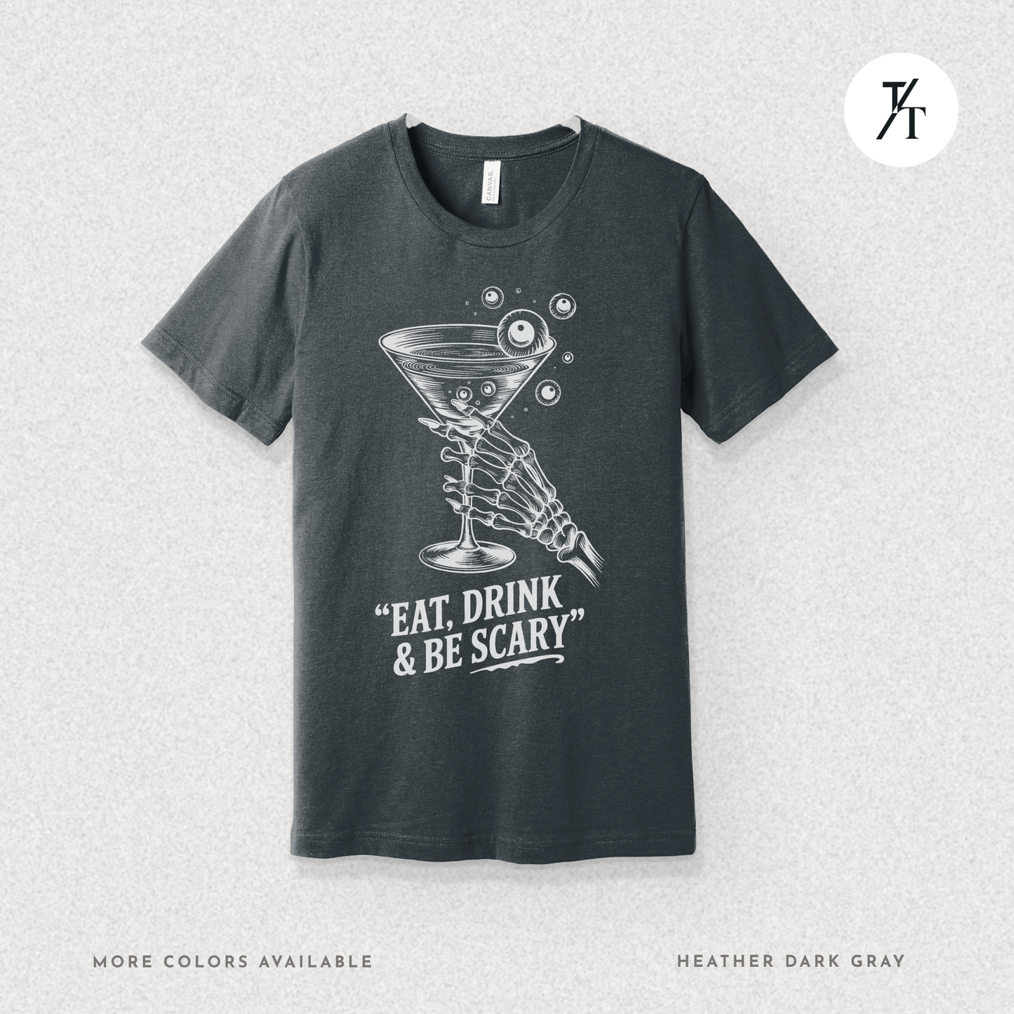 Eat, Drink & Be Scary Tee – Funny Skeleton Halloween Cocktail Shirt