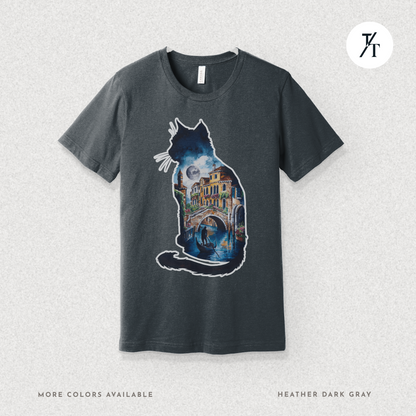 Moonlit Venice Cat Tee – Artistic Nightscape Silhouette Shirt