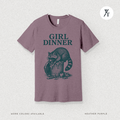 Girl Dinner: Raccoon Scavenging Trash, Vintage Woodcut Style Illustration, Teal and Black Contrast Artwork- Graphic T-shirt