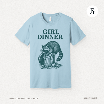 Girl Dinner: Raccoon Scavenging Trash, Vintage Woodcut Style Illustration, Teal and Black Contrast Artwork- Graphic T-shirt