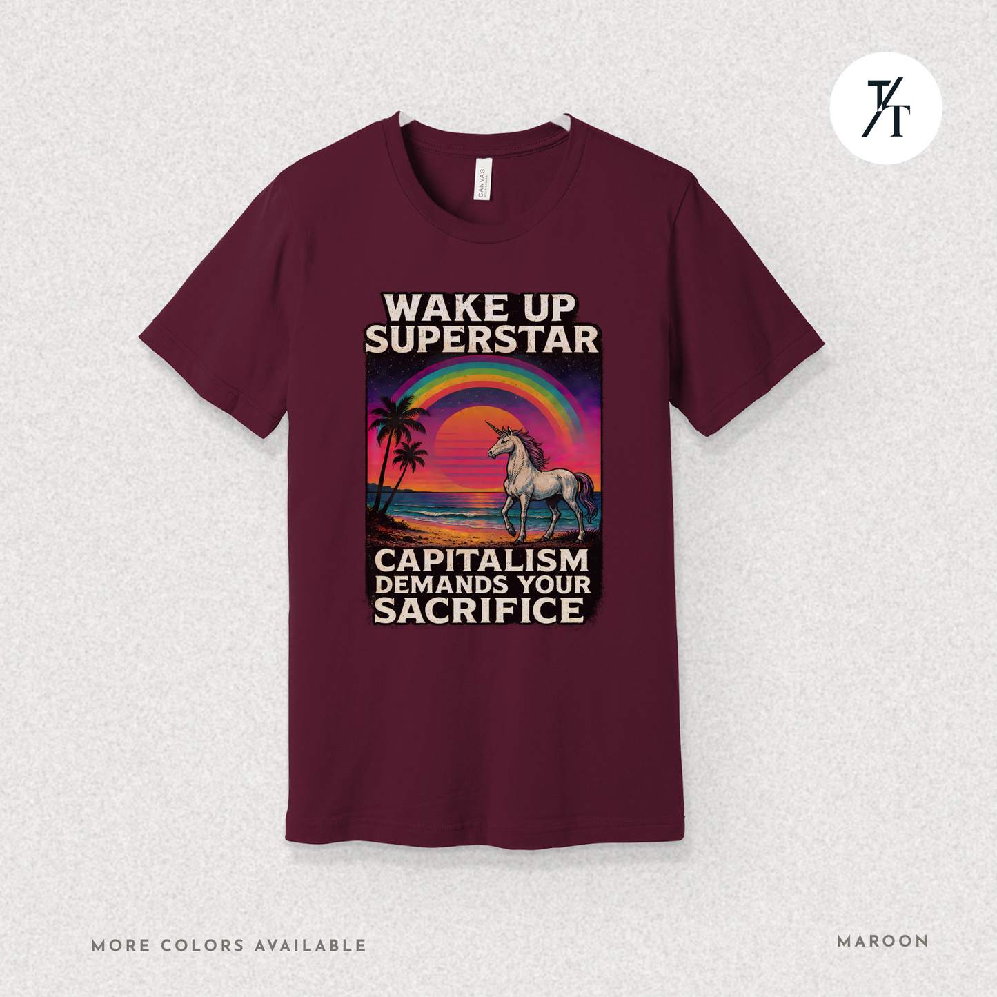 Capitalist Dreamscape: Retro Unicorn Beach, Satirical 80s Graphic Design- Graphic T-shirt