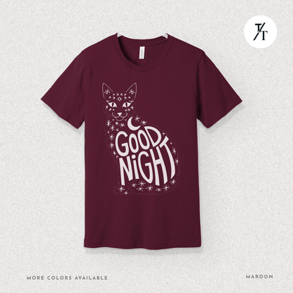 Goodnight Cat Tee – Minimalist Black Cat Moon Silhouette Shirt