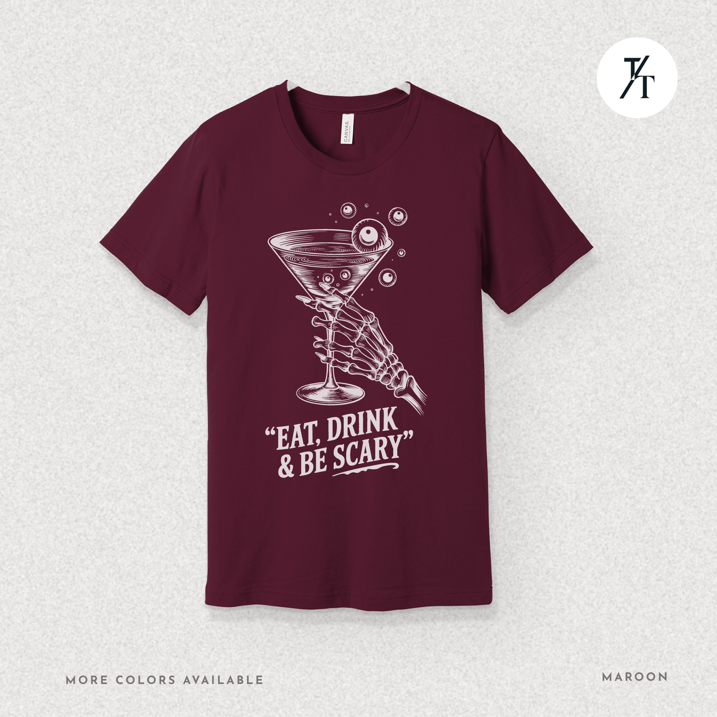 Eat, Drink & Be Scary Tee – Funny Skeleton Halloween Cocktail Shirt